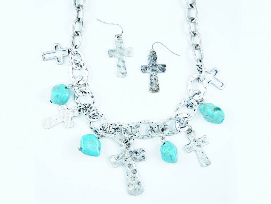 Silver Cross Turquoise Nugget Chain Necklace Set