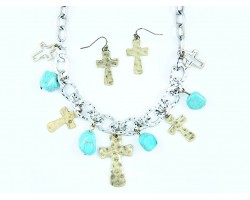 Two Tone Cross Turquoise Nugget Chain Necklace Set