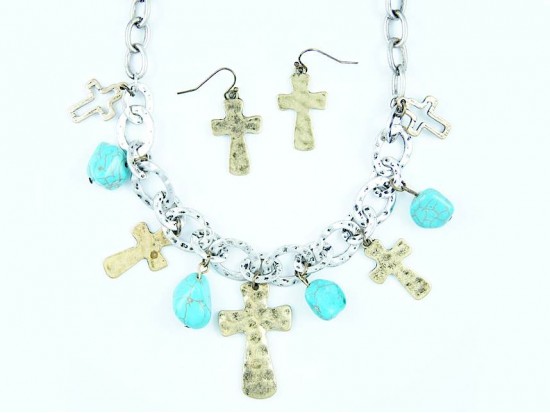 Two Tone Cross Turquoise Nugget Chain Necklace Set