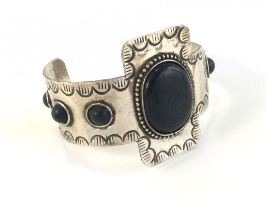 Black Oval Stone Silver Tribal Cuff Bracelet