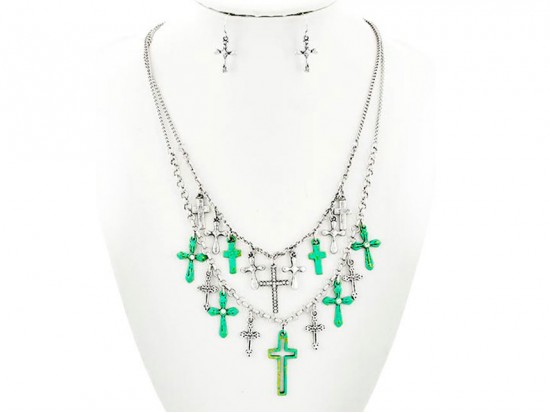 Patina Green 2-Level Cross  Chain Necklace Set