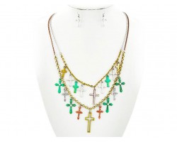 Tri Color Patina Multi Chain Cross Necklace Set