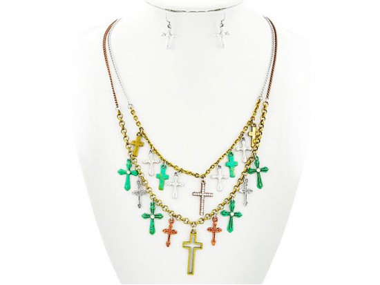 Tri Color Patina Multi Chain Cross Necklace Set Tri Color Patina Multi Chain Cross Necklace Set