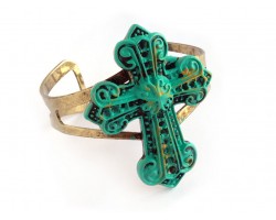 Patina Gold Distressed Filigree Cross Cuff Bangle