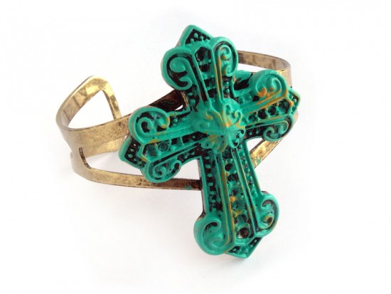 Patina Gold Distressed Filigree Cross Cuff Bangle