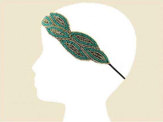 Turquoise Gold Seed Bead Crystal Leaf Headband