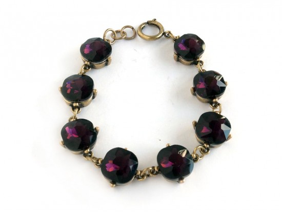 Amethyst Crystal Cabochon Gold Link Bracelet