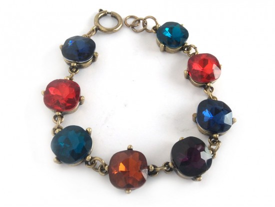 Multi Crystal Cabochon Gold Link Bracelet