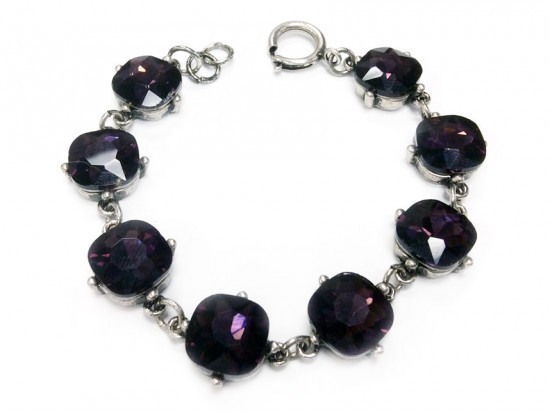 Amethyst Crystal Cabochon Silver Link Bracelet