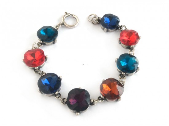 Multi Crystal Cabochon Silver Link Bracelet