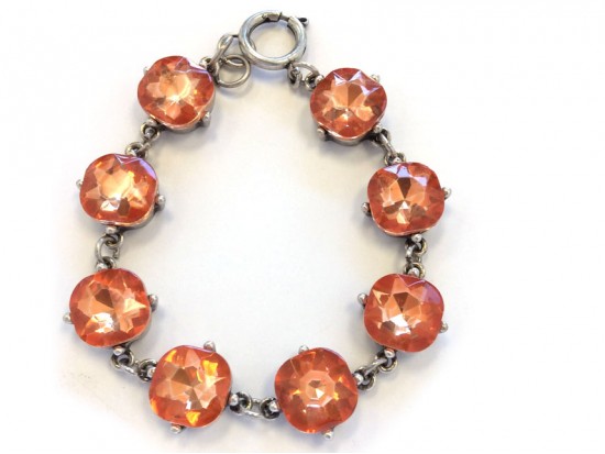 Peach Crystal Cabochon Silver Link Bracelet