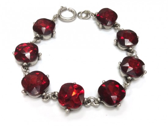 Siam Crystal Cabochon Silver Link Bracelet