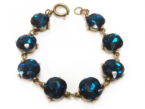 Blue Zircon Crystal Cabochon Gold Link Bracelet