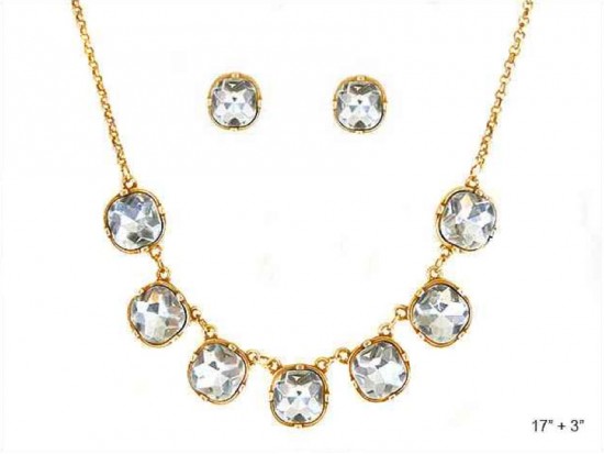 Clear Crystal Cabochon Link Necklace Set