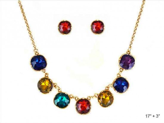 Multi Crystal Cabochon Link Necklace Set