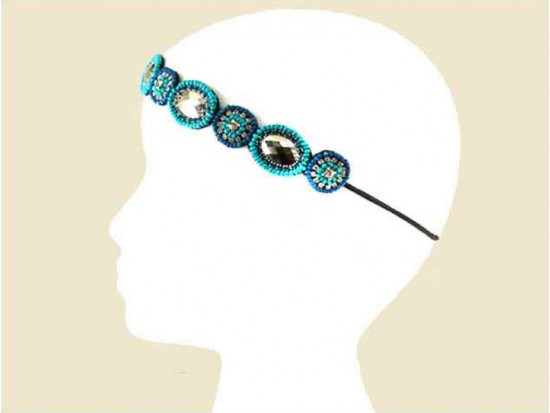 Turquoise Silver Ovals Seed Bead Crystal Stretch Headband