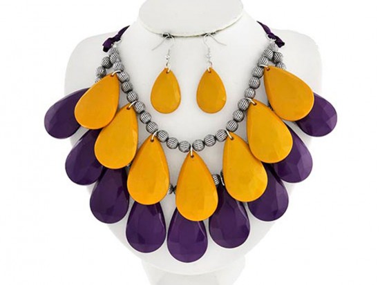 Purple Yellow 2-Line Teardrop Petals Necklace Set