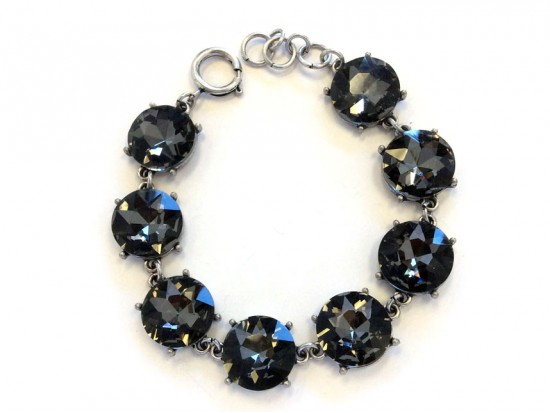 Black Diamond Crystal 16mm Cabochon Silver Link Bracelet