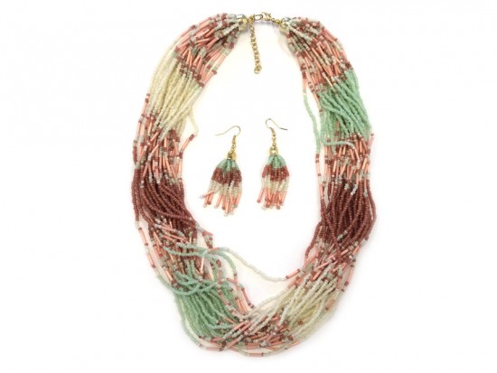 Mint Green Coral Shades Strands Seed Bead Necklace Set