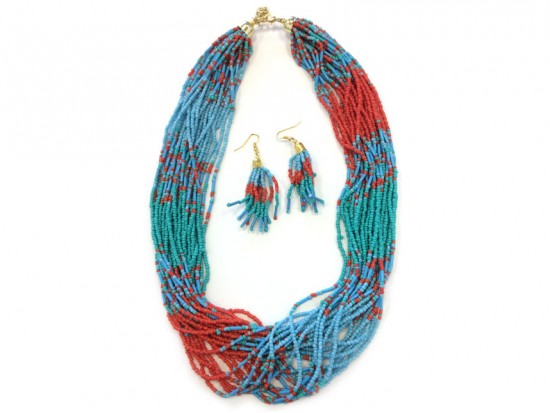 Turquoise Coral Shades Strands Seed Bead Necklace Set