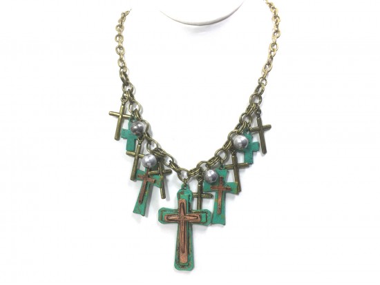 Patina Green Multi Cross Chain Necklace Set Patina Green Multi Cross Chain Necklace Set