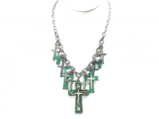 Silver Green Multi Cross Chain Necklace Set Silver Green Multi Cross Chain Necklace Set