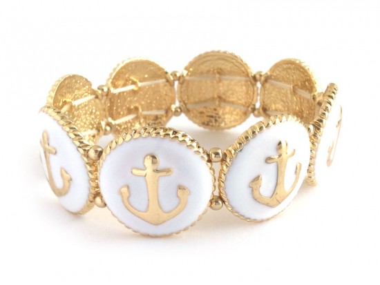White Anchor Round Gold Stretch Bracelet