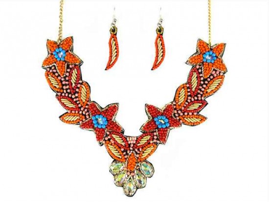 Coral Seed Bead Flowers Crystal Collar Necklace Set