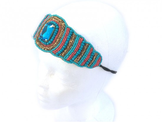 Turquoise Coral Seed Bead Crystal Stretch Headband Turquoise Coral Seed Bead Crystal Stretch Headband
