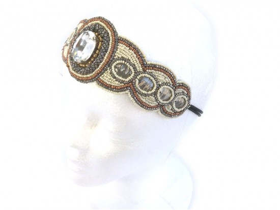 Ivory Brown Seed Bead Crystal Stretch Headband
