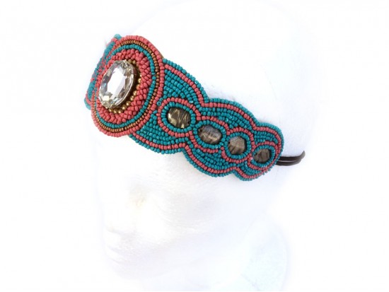 Turquoise Coral Seed Bead Crystal Stretch Headband