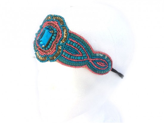 Turquoise Coral Seed Bead Crystal Stretch Headband