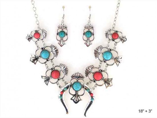 Coral Turquoise Round Stone Squash Blossom Necklace Set