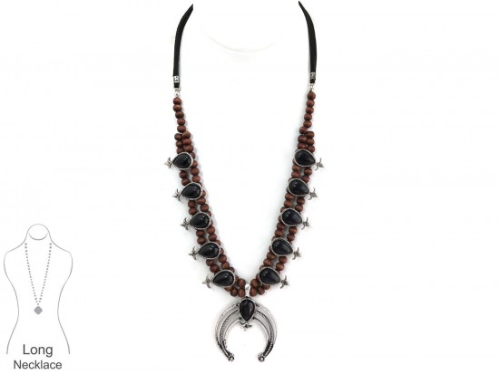 Black Squash Blossom Brown Leather Necklace Set Black Squash Blossom Brown Leather Necklace Set