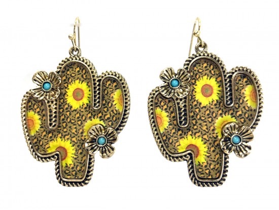 Sunflower Print Cactus Hook Earrings Sunflower Print Cactus Hook Earrings
