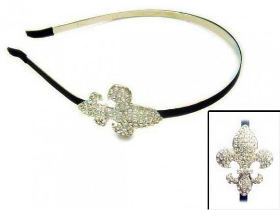 Black Headband With Clear Crystal Pavé Fleur-De-Lis
