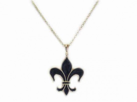 Gold Black Enamel Fleur De Lis 30" Chain Necklace