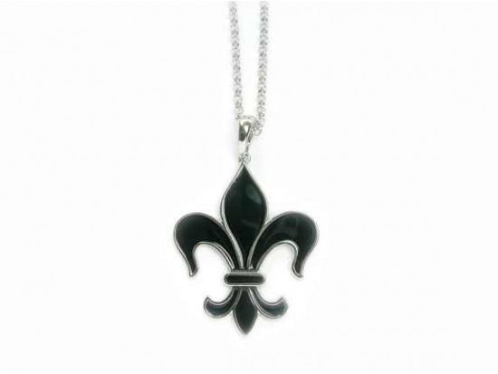 Silver Black Enamel Fleur De Lis 30" Chain Necklace