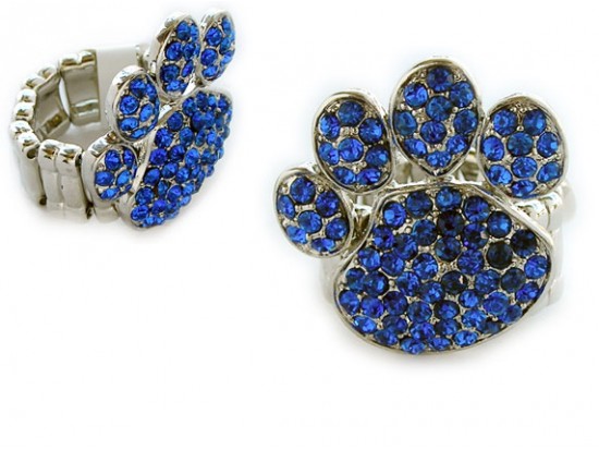 Blue Sapphire Crystal Paw Print Silver Stretch Ring