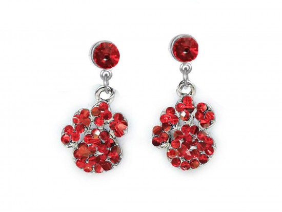 Red Crystal Pavé Paw Print Dangling Post Earrings