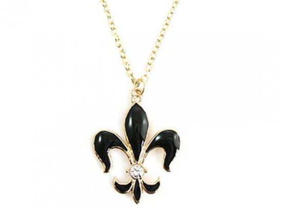 Black Gold Fleur De Lis with Clear Crystal 18" Necklace