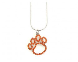 Orange Crystal Outline Paw Print Pendant Silver Chain Necklace