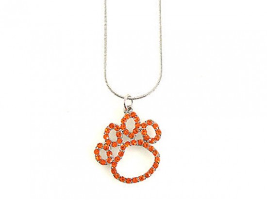 Orange Crystal Outline Paw Print Pendant Silver Chain Necklace