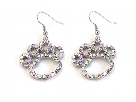 AB Clear Crystal Outlined Paw Print Hook Earrings AB Clear Crystal Outlined Paw Print Hook Earrings
