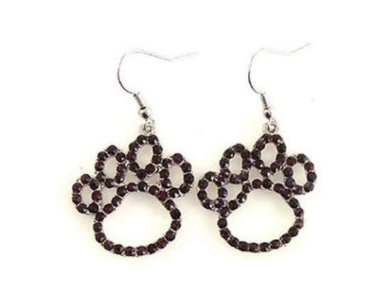 Black Crystal Outlined Paw Print Fish Hook Earrings