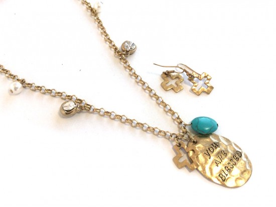Antique Gold Distressed Turquoise Cross Blessed Necklace Set
