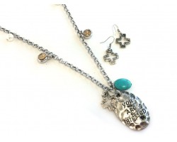 Antique Silver Distressed Turquoise Cross Blessed Necklace Set