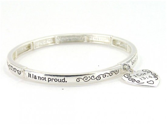 Silver Plate 1 Corinthians 13:4 with Heart Charm Stretch Bracelet