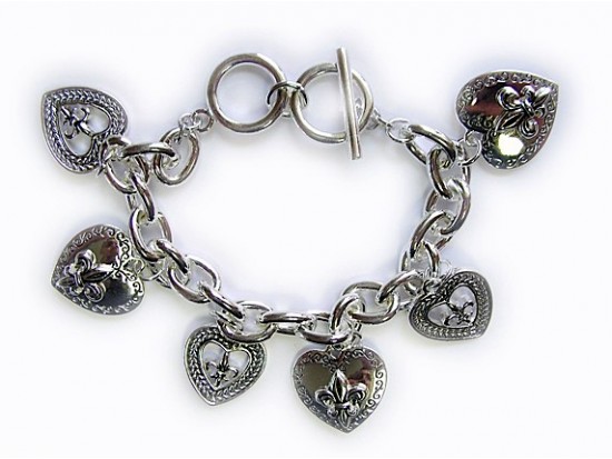 Antique Silver Assorted Hearts with Fleur De Lis Toggle Bracelet