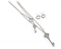 Silver Crystal Keys Heart Chain Necklace